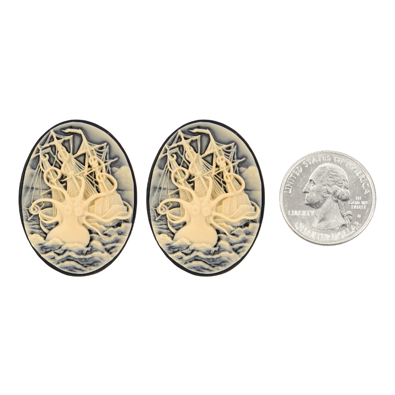 Black and Cream Ship Attacked by Kraken Octopus Cameos 30mm x 40mm Cameos - Set of Two - XXX - *CAM356